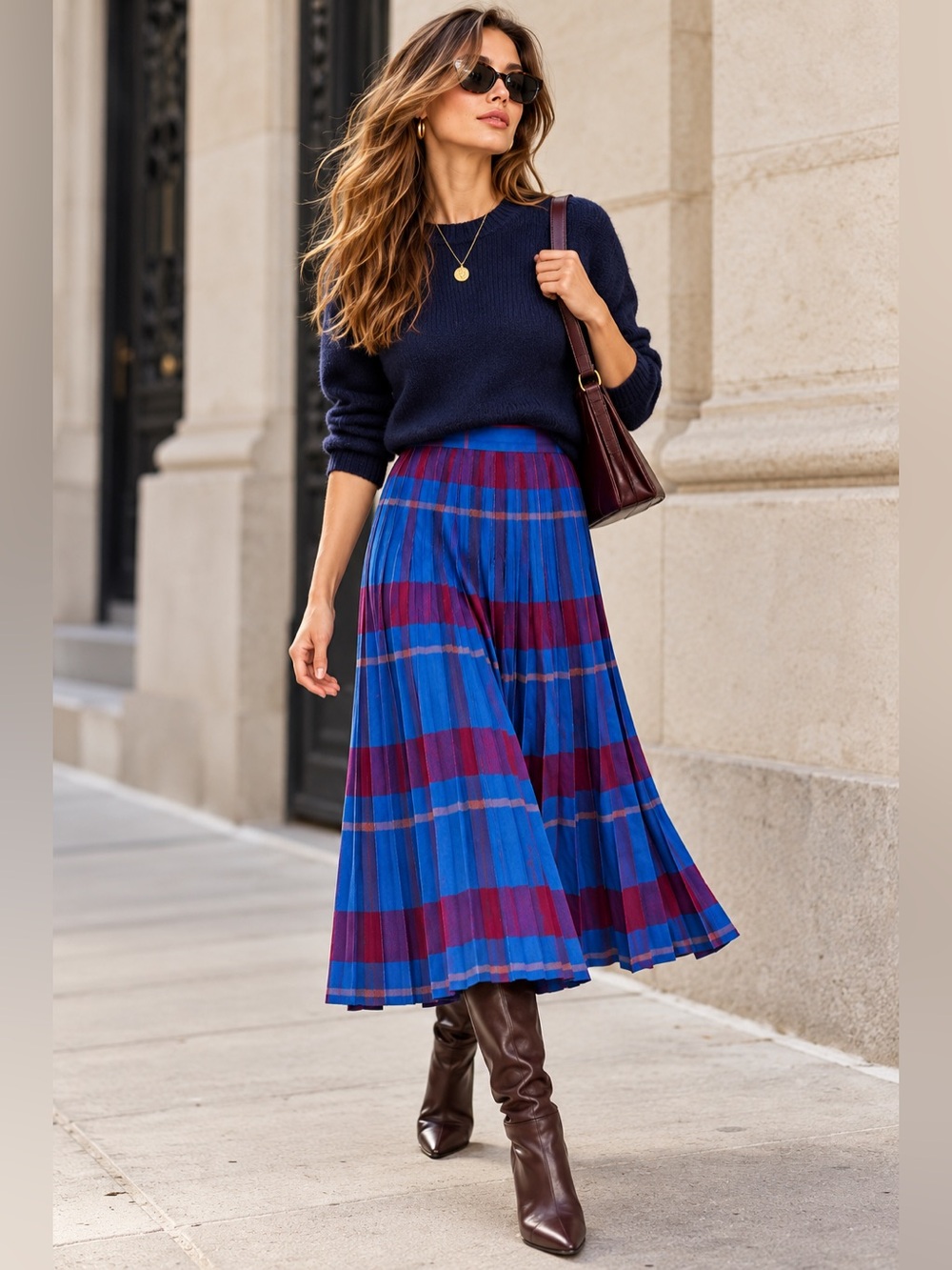 Rare Rene Portier Vintage Plaid Pleated Midi Skirt